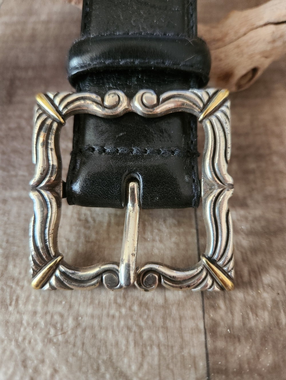 Fossil Black Leather Belt with Two-Tone Ornate Square Buckle Size Large - Picture 11 of 12